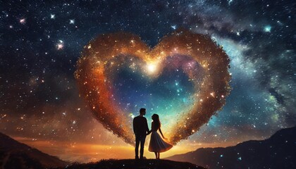 romantic silhouette of couple against cosmic starry sky background with glowing heart shaped space - Powered by Adobe