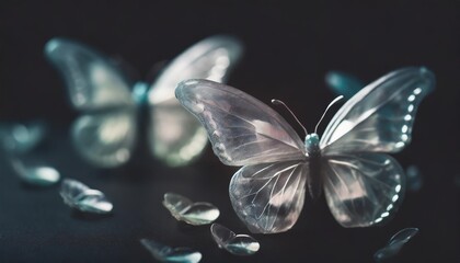 generative ai of plastic transparent butterflies on a dark background