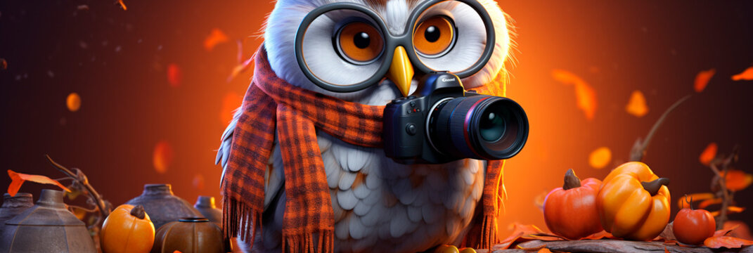 Banner with an owl. Bird photographer with camera on autumn background with yellow leaves and pumpkins