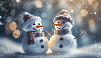 2 snowmen with snow light bright free space blur white background