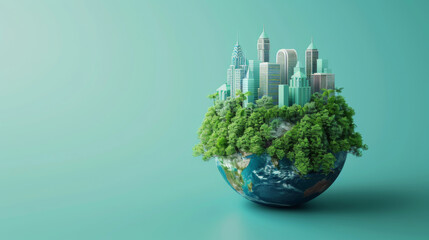 Creative depiction of an urban skyline with lush greenery on a half earth, highlighting sustainable city living.