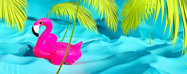 Summer background. Pink flamingo inflatable rubber on fluorescent blue water background. Trendy fluorescent summer concept design. 3D Rendering, 3D Illustration - 780952299