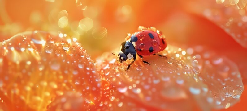 Shot of a lady bug on yellow flower, with water droplets, warm natural light, backlit, macro, bokeh oil painting