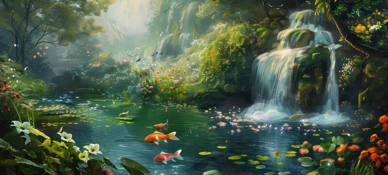 Landscape with waterfall and fish, spring flowers, green grass. Painting of summer