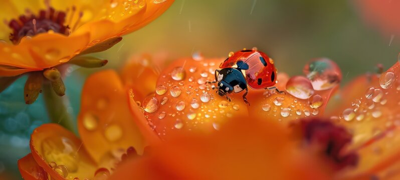 Shot of a lady bug on yellow flower, with water droplets, warm natural light, backlit, macro, bokeh oil painting
