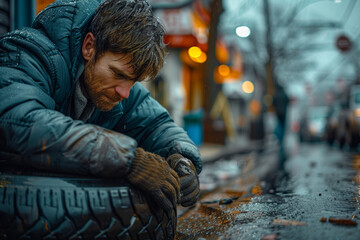 A kind gesture of helping a stranger change a flat tire, offering assistance and kindness in a time of need. Concept of random acts of kindness. Generative Ai.