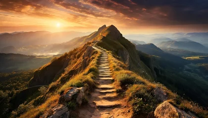 Behangcirkel a path leading to the horizon in top of mountain landscape background at sunset natural view top of hill © Slainie