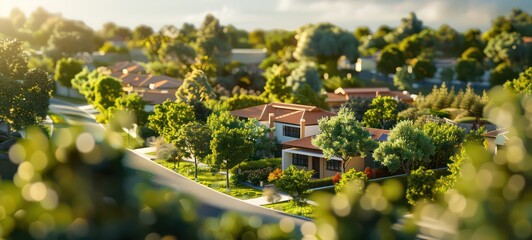 Modern generic contemporary style miniature illustration of houses and trees of a landscaped neighborhood model with tilt-shift focus technique - obrazy, fototapety, plakaty