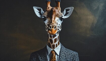 abstract creative illustrated minimal portrait of a wild animal dressed up as a man in elegant clothes a giraffe standing on two legs in business suit generative ai