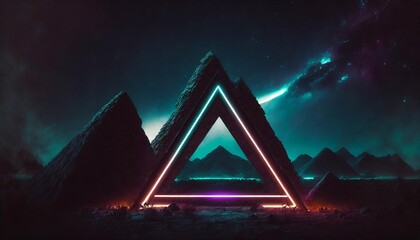 abstract neon background with geometric triangle shape beautiful frame and extraterrestrial landscape under the night sky and rocks futuristic minimalist wallpaper created with generative ai