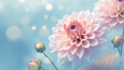 abstract pink dahlia patels on pastel blue background spring flower on pastel blue background...