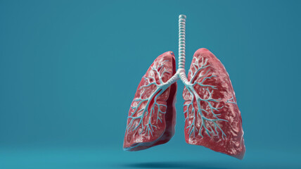 Highly detailed human lungs model with blue airway passages on a calming blue background, suitable for medical education.