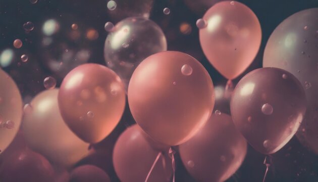 a vibrant mix of floating balloons and bubbles in a dreamy reddish pink atmosphere suggesting happiness and playful imagination
