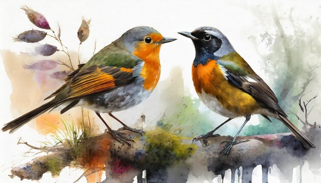 set of watercolor birds isolated on white robin and blackbird hand painted illustration