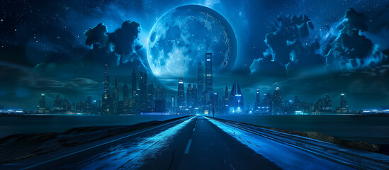 road leading through the futuristic city under a midnight sky with a full moon