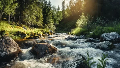 Wandcirkels tuinposter rapid mountain river in spruce forest wonderful sunny morning in springtime grassy river bank and rocks on the shore waves above boulders in the water beautiful nature scenery © Slainie