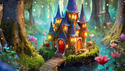 3d isometric illustration dream world of cute gnome royal house in a magical forest fairytale colorful kingdoms for comic book