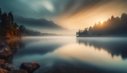 misty sunrise over calm lake