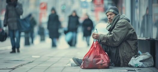 Poor homeless man sitting on the sidewalk in middle of capital. Dark tone. Poverty concept. AI generated illustration - obrazy, fototapety, plakaty