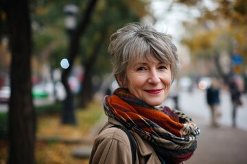 Portrait of a senior woman on the street in autumn time.