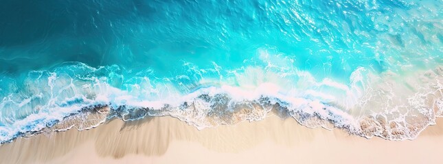 Relaxing aerial beach scene, summer vacation holiday template banner. Waves surf with amazing blue ocean lagoon, sea shore, coastline. Perfect aerial drone top view. AI generated illustration