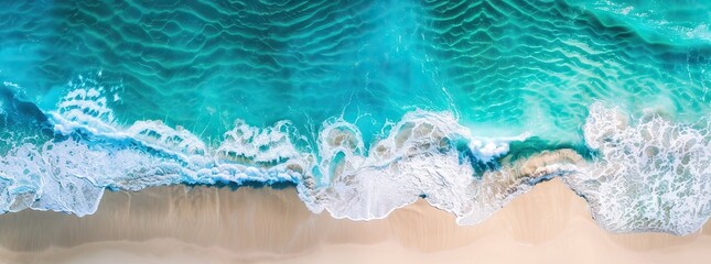 Relaxing aerial beach scene, summer vacation holiday template banner. Waves surf with amazing blue ocean lagoon, sea shore, coastline. Perfect aerial drone top view. AI generated illustration