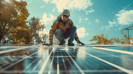 Medium shot of three workers in a uniform and hardhat installing photovoltaic panels on a metal basis on a solar farm. AI generated illustration - obrazy, fototapety, plakaty