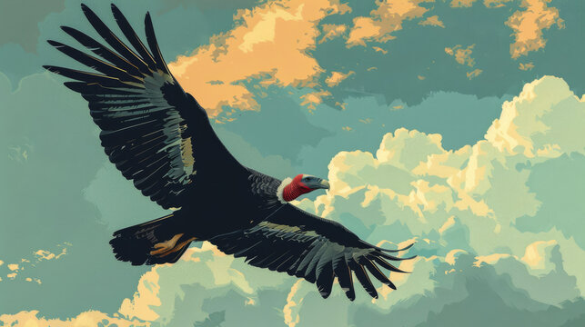 A turkey vulture in flight against a backdrop of cloudy skies and warm colors.