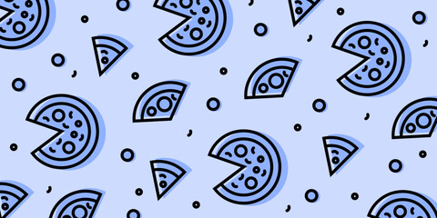 Pizza backdrop. Line pizza pattern on blue background. Vector illustration EPS 10