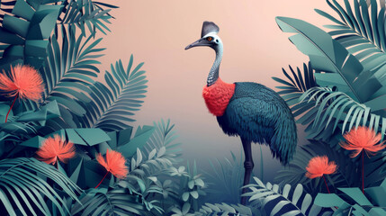 Artistic rendering of an exotic bird with colorful feathers in a stylized jungle environment.