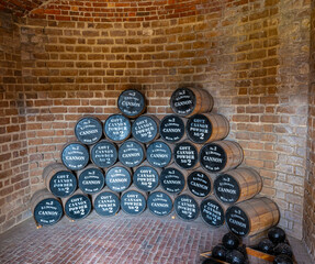 Cannon Balls and Gun Powder Kegs in The Armory at Fort Clinch, Fort Clinch State Park, Amelia Island, Florida, USA