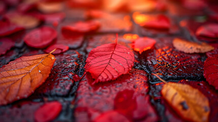 Macro photography of red leaves. Generative AI image weber. - obrazy, fototapety, plakaty
