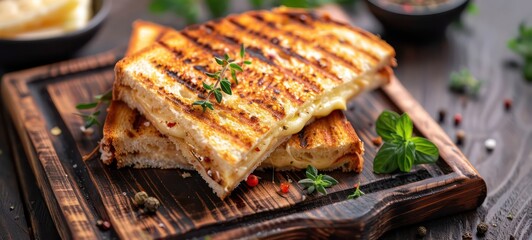 Traditional melted grilled cheese toasted sandwich served on wooden tray, grilled cheese sandwich for breakfast