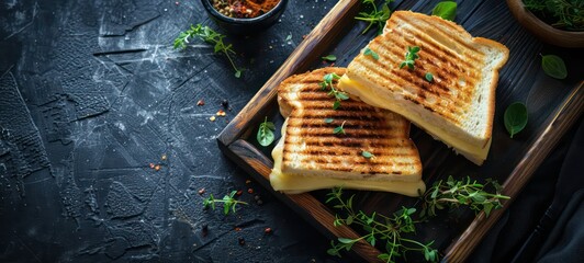 Traditional melted grilled cheese toasted sandwich served on wooden tray, grilled cheese sandwich for breakfast