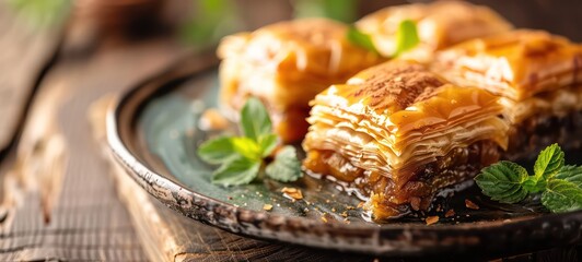 Turkish baklava with sugar syrup made of fresh fresh puff pastry as wide banner with copy space area