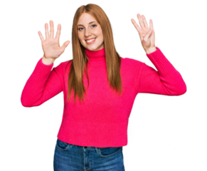 Young irish woman wearing casual clothes showing and pointing up with fingers number nine while smiling confident and happy.