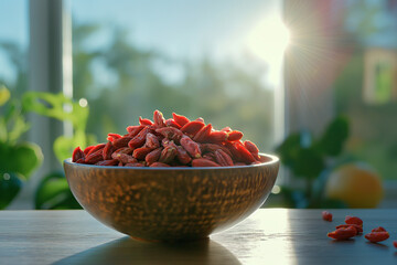 Dried goji berries in a bowl on a table in a kitchen. Healthy superfood. - 780955274