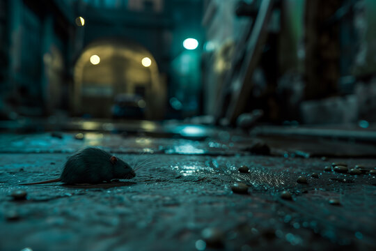 A mouse with rat poison tablets in the city street at night. Rodent control.