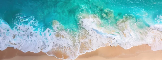 Tuinposter Relaxing aerial beach scene, summer vacation holiday template banner. Waves surf with amazing blue ocean lagoon, sea shore, coastline. Perfect aerial drone top view. AI generated illustration © 3D