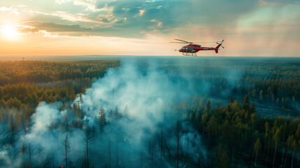 Fire in the forest. A fire helicopter extinguishes burning trees. - obrazy, fototapety, plakaty