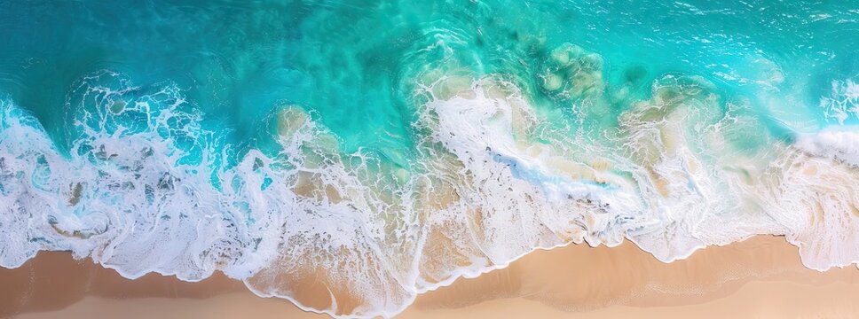 Relaxing aerial beach scene, summer vacation holiday template banner. Waves surf with amazing blue ocean lagoon, sea shore, coastline. Perfect aerial drone top view. AI generated illustration