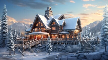 Immerse yourself in the enchantment of winter with this breathtaking 3D illustration featuring an exquisite winter chalet nestled in a snow - kissed paradise - obrazy, fototapety, plakaty
