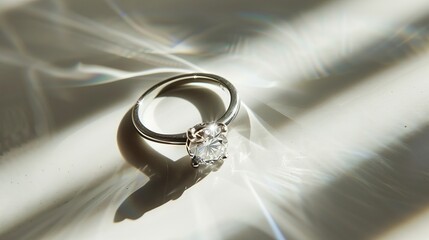 A white gold ring, specifically a silver ring with a diamond, is showcased on a white background with shadows, presenting a still life and creative photograph - obrazy, fototapety, plakaty