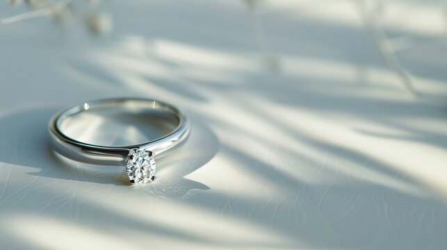A white gold ring, specifically a silver ring with a diamond, is showcased on a white background with shadows, presenting a still life and creative photograph
