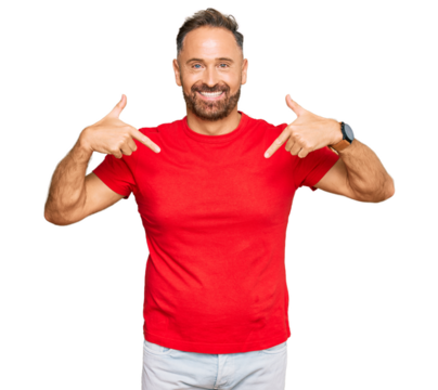 Handsome middle age man wearing casual red tshirt looking confident with smile on face, pointing oneself with fingers proud and happy.