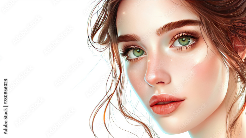 Poster the photorealistic image on a white background portrays femininity with delicate features and soft p