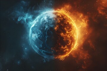 A planet showing stark duality with ice and fire from above. Concept Nature, Contrast, Elements, Science, Photography - obrazy, fototapety, plakaty