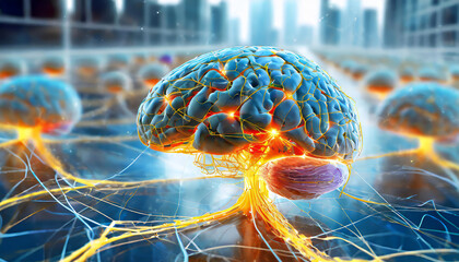 Illustration of human brain nerve tracts based on magnetic resonance imaging (MRI) data - obrazy, fototapety, plakaty