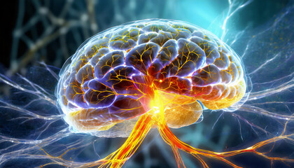 Illustration of human brain nerve tracts based on magnetic resonance imaging (MRI) data - obrazy, fototapety, plakaty