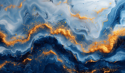 Abstract background featuring shades of blue and gold swirling together in a marble pattern.  colors blend seamlessly to create a mesmerizing and visually striking background, Generative AI.